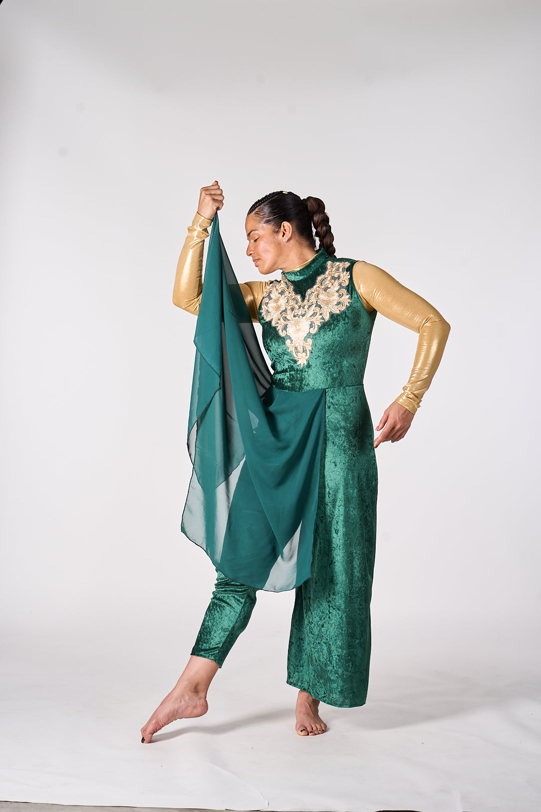Modern Green Velvet Dance Unitard with chiffon over skirt attached