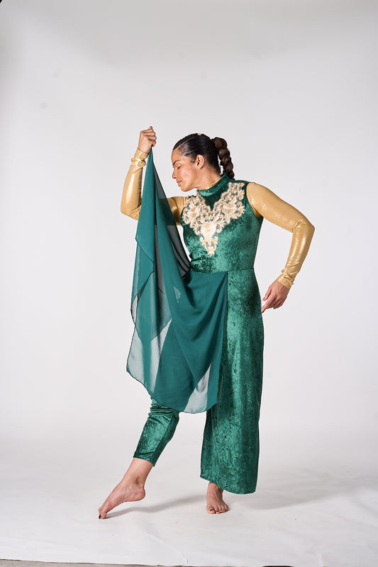 Modern Green Velvet Dance Unitard with chiffon over skirt attached