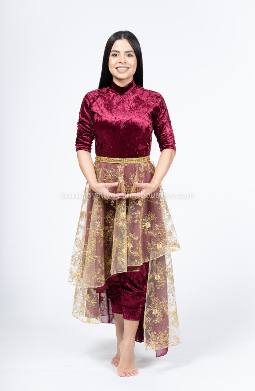 Velvet Unitard with Attached Lace Asymmetrical Skirt (Final Sale)