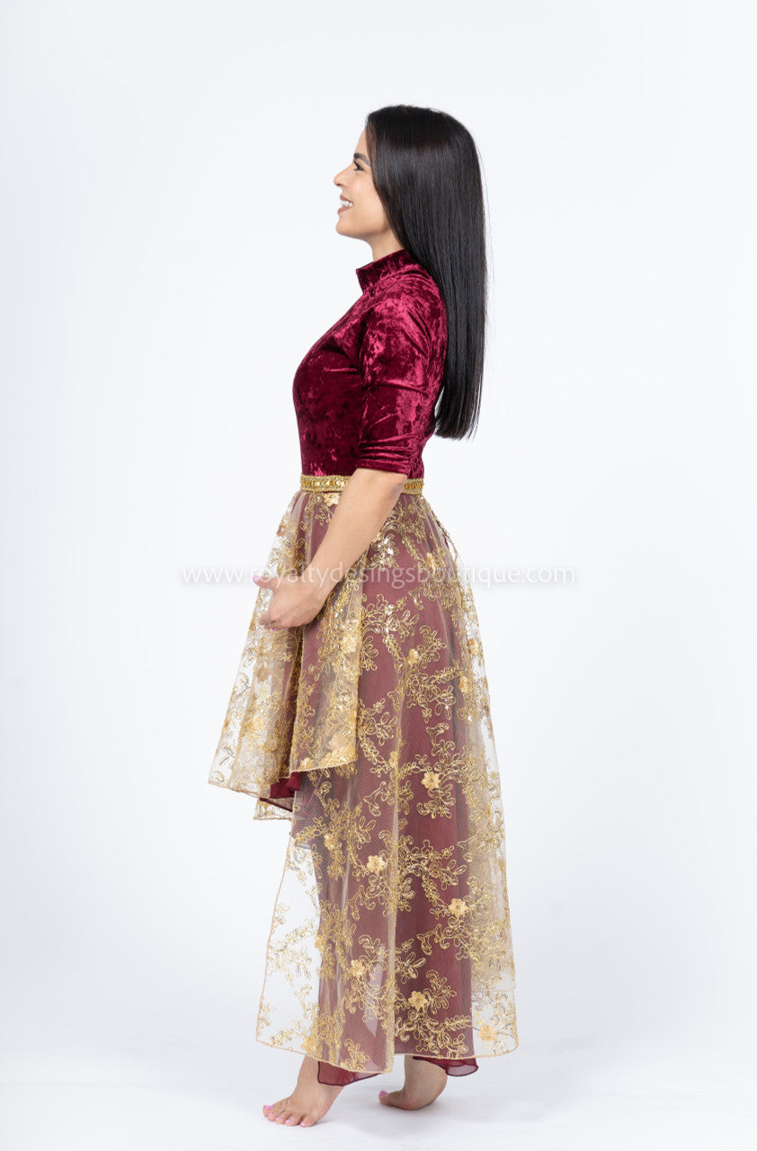 Velvet Unitard with Attached Lace Asymmetrical Skirt (Final Sale)
