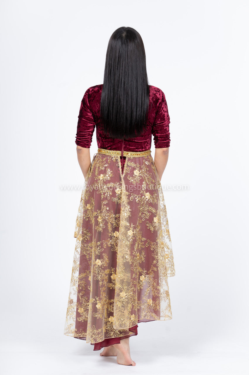 Velvet Unitard with Attached Lace Asymmetrical Skirt (Final Sale)