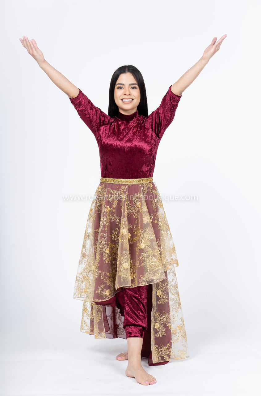 Velvet Unitard with Attached Lace Asymmetrical Skirt (Final Sale)