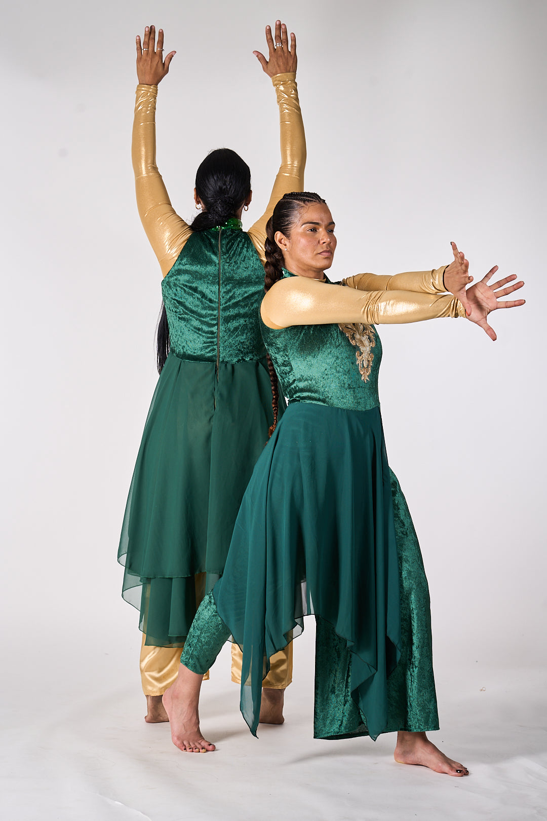 Modern Green Velvet Dance Unitard with chiffon over skirt attached