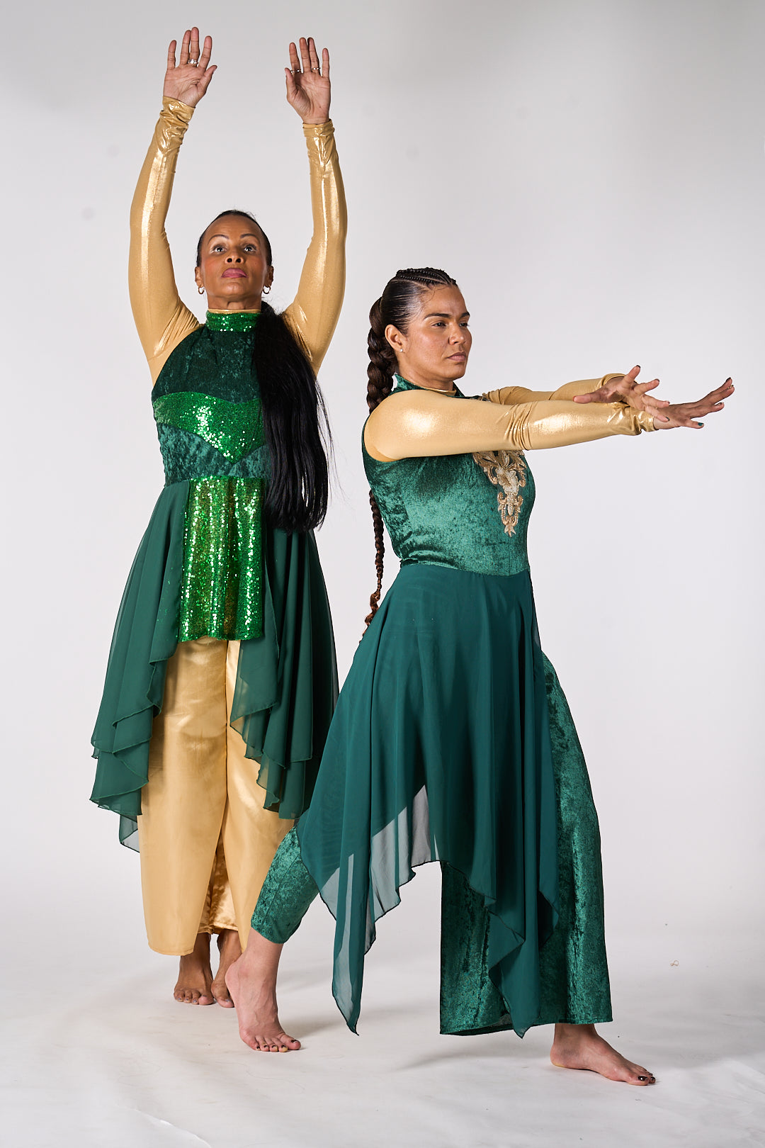 Modern Green Velvet Dance Unitard with chiffon over skirt attached