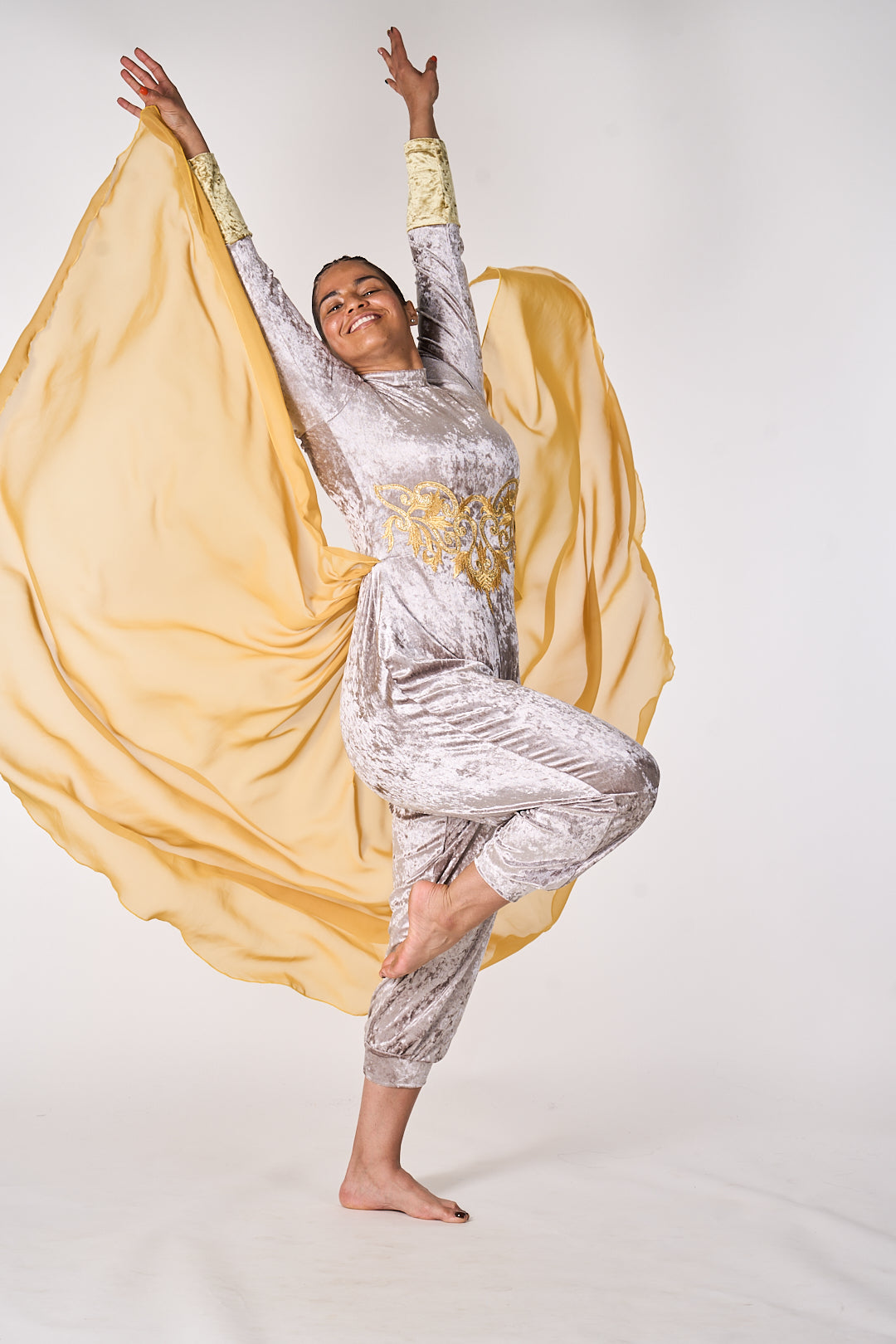 Majestic Grace Velvet Jumpsuit with Chiffon Overlay gold skirt