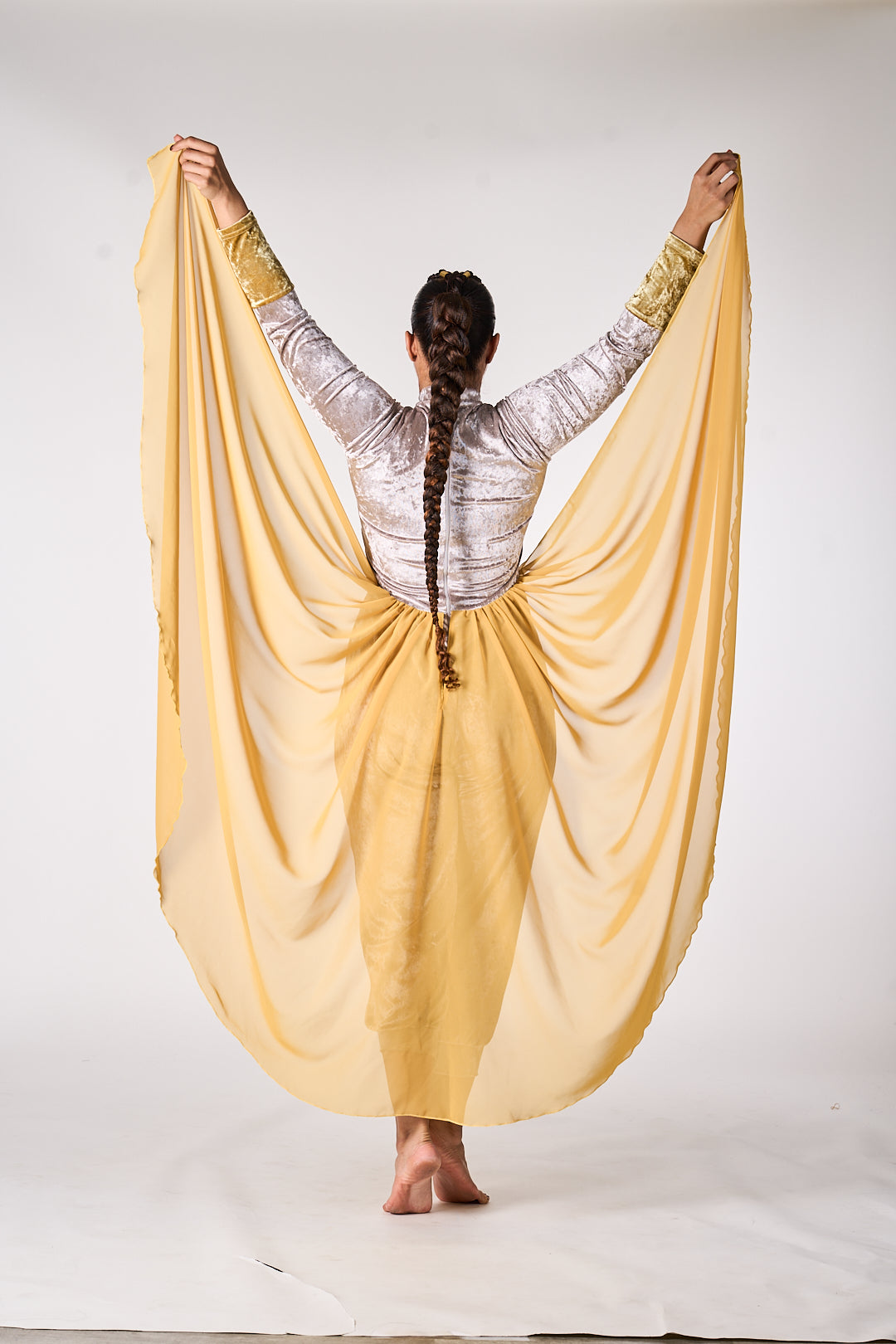 Majestic Grace Velvet Jumpsuit with Chiffon Overlay gold skirt