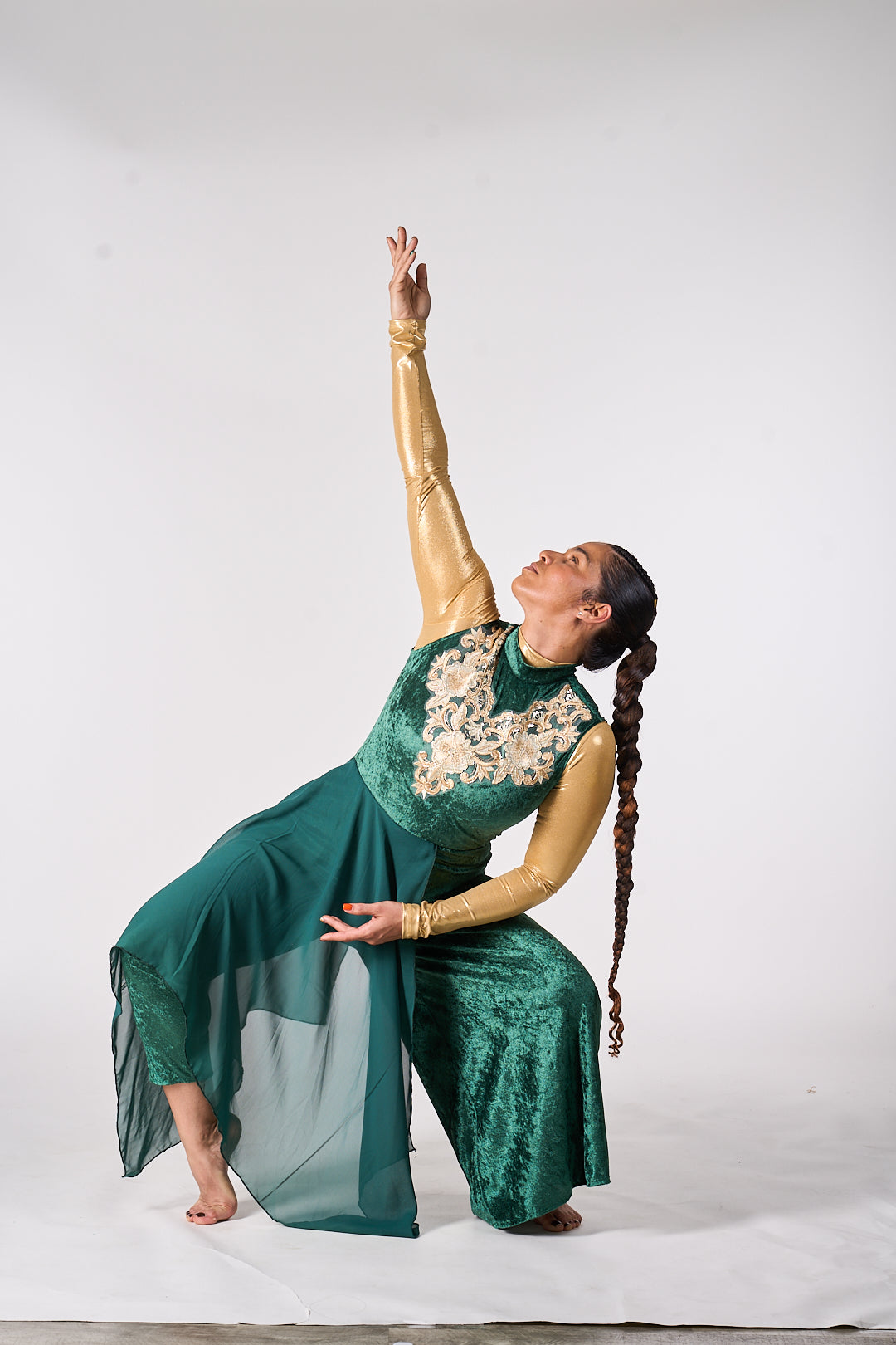Modern Green Velvet Dance Unitard with chiffon over skirt attached