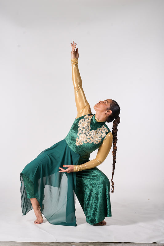 Modern Green Velvet Dance Unitard with chiffon over skirt attached