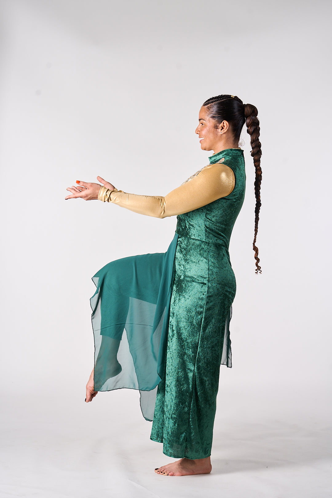 Modern Green Velvet Dance Unitard with chiffon over skirt attached