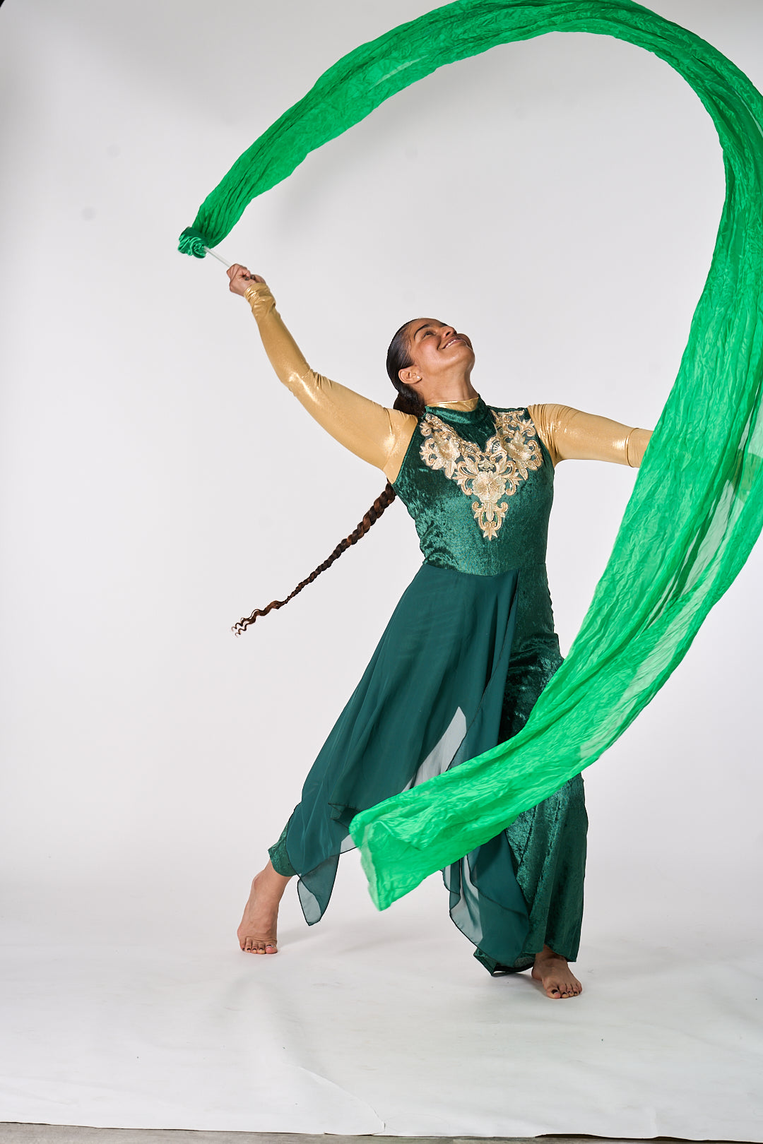Modern Green Velvet Dance Unitard with chiffon over skirt attached