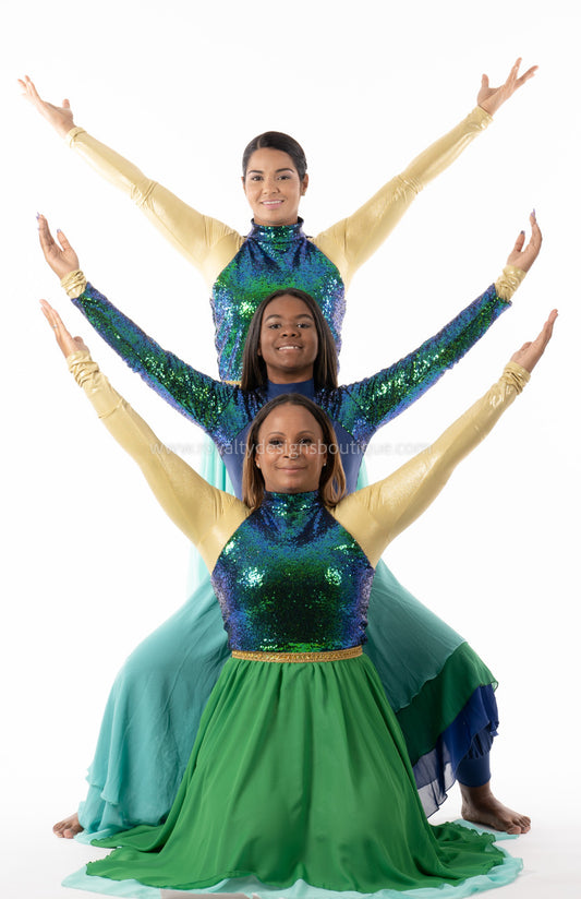 River Sequin and Green andTeal Chiffon Elegant Dress : Rivers Collection