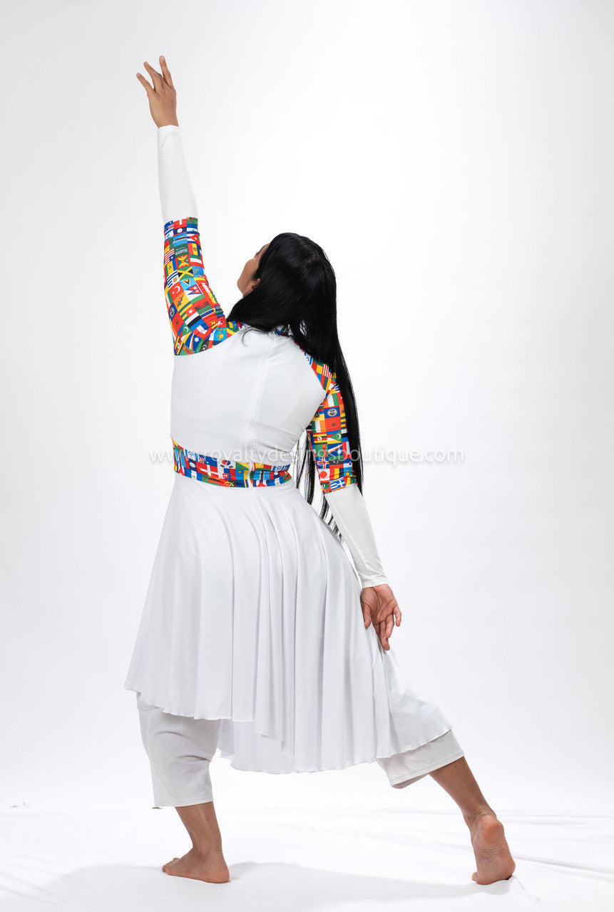 White and Nations print Praise Dance Lycra Tunic