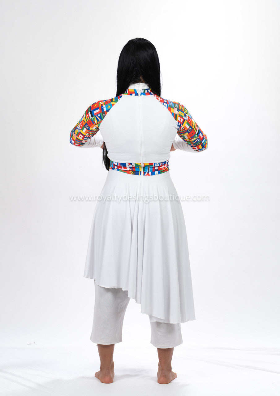 White and Nations print Praise Dance Lycra Tunic