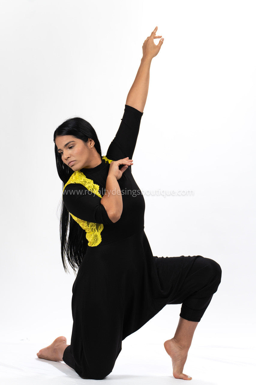 Modern Harem Unitard – Black Lycra with Elegant Yellow Lace Accents | Born again Collection