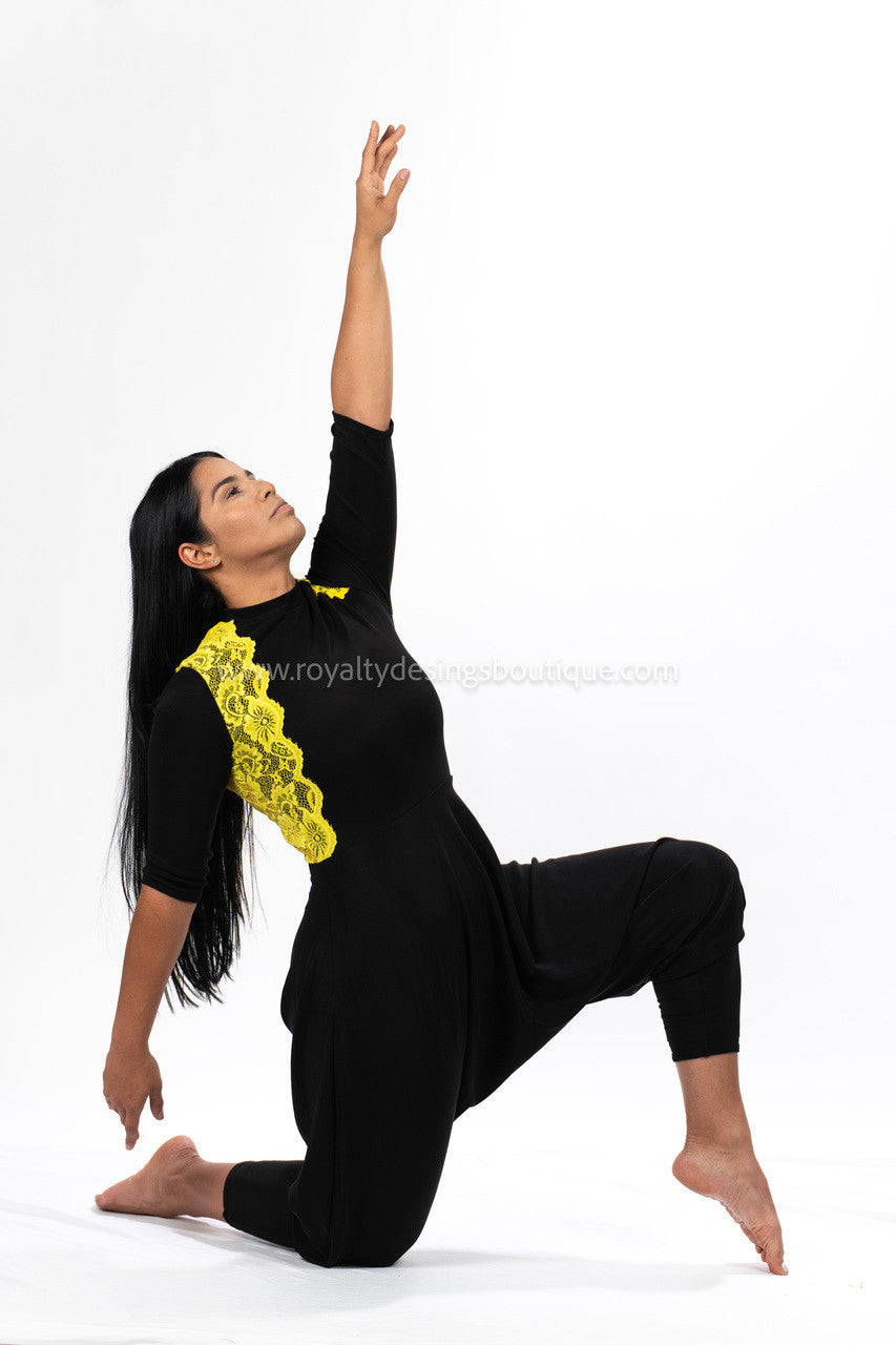 Modern Harem Unitard – Black Lycra with Elegant Yellow Lace Accents | Born again Collection