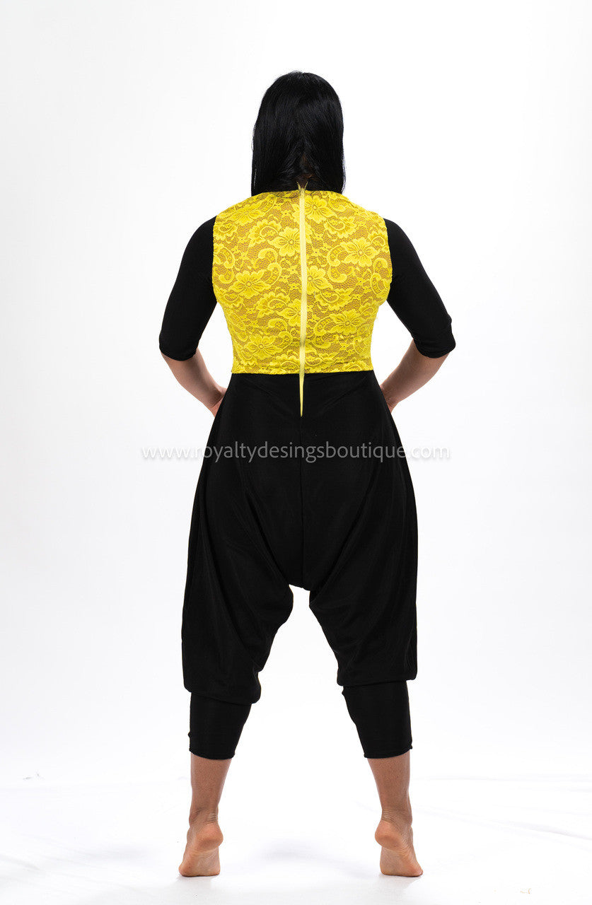 Modern Harem Unitard – Black Lycra with Elegant Yellow Lace Accents | Born again Collection