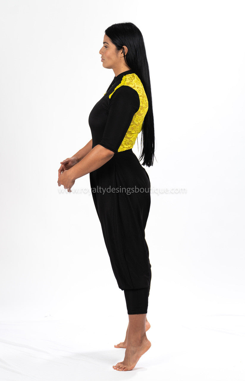 Modern Harem Unitard – Black Lycra with Elegant Yellow Lace Accents | Born again Collection