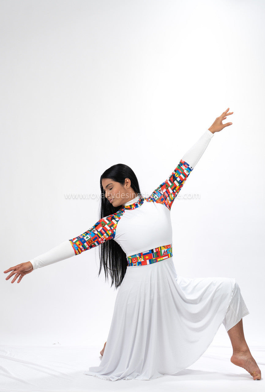 White and Nations print Praise Dance Lycra Tunic