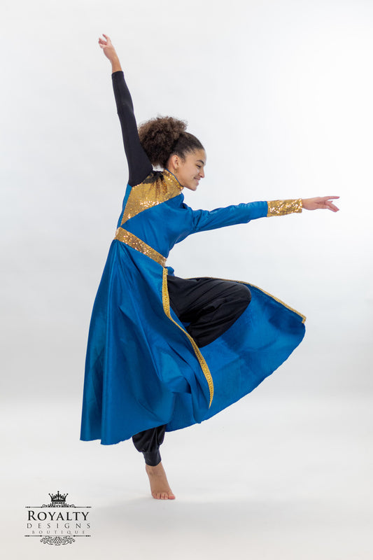 Avivamiento Matrix Long Taffeta Blue & Gold one sleeve Tunic