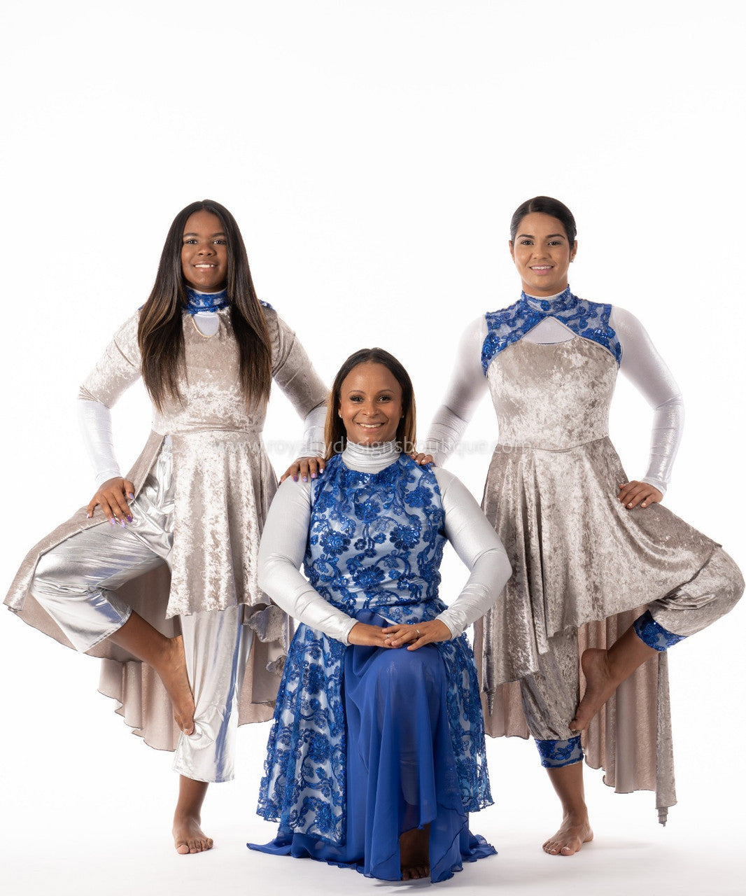 Praise Dance Asymmetric Tunic Dress in Soft Grey Velvet with Royal Blue Lace Accents - Authority Collection