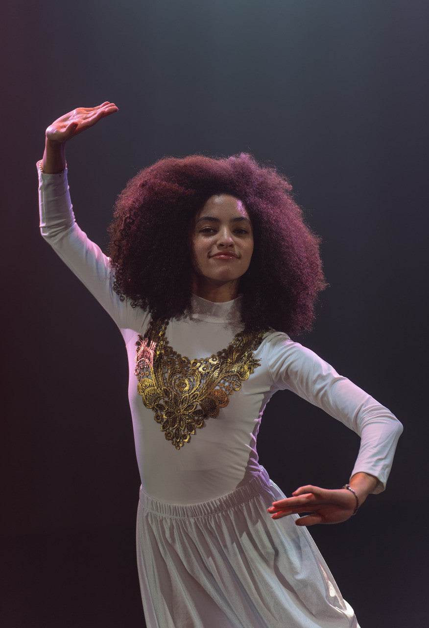 White High-End Lycra Unitard | White Gold Appliqué - Elevate Collection