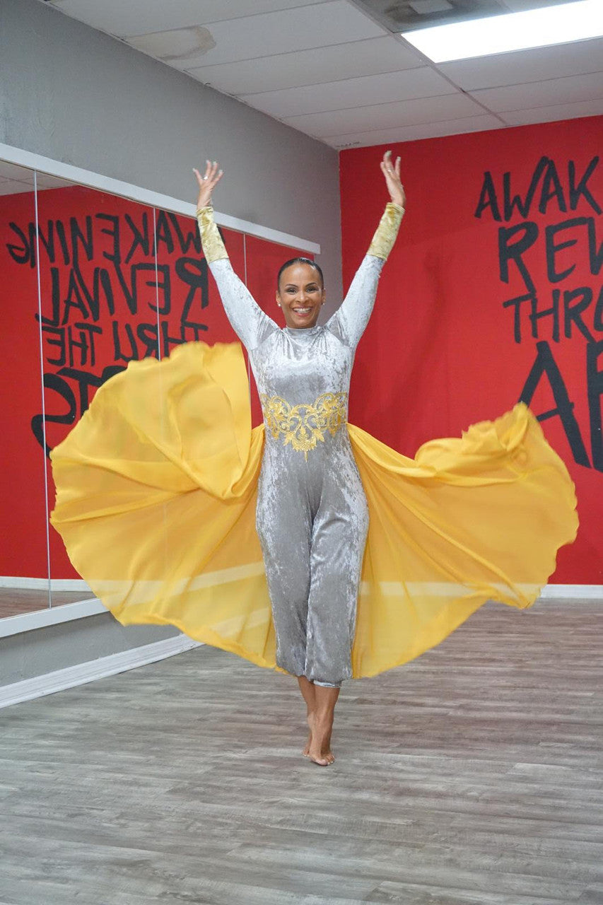 Majestic Grace Velvet Jumpsuit with Chiffon Overlay gold skirt : EMPORIUM COLLECTION