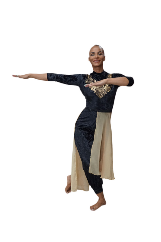 Black Velvet Jumpsuit with Attached Gold Chiffon Skirt : Emporium Collection