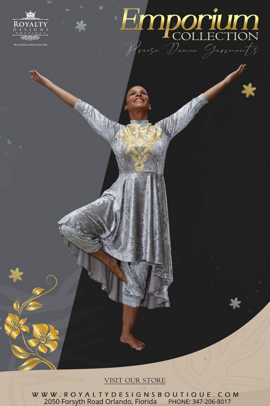 EMPORIUM COLLECTION : Soft grey Velvet Hi-low Praise Dance Tunic with gold details