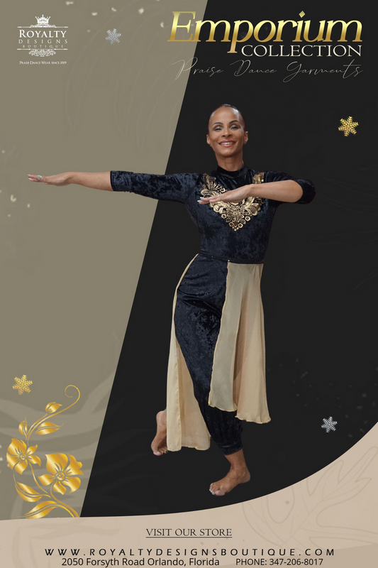 EMPORIUM COLLECTION : Black light velvet with golden details and attached gold chifon overlay skirt.