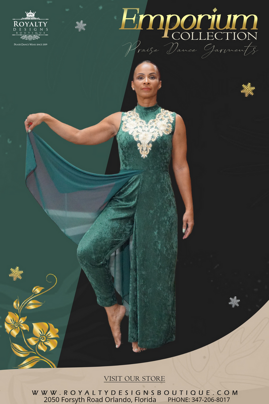 EMPORIUM COLLECTION : Modern Green soft light velvet Dance unitard with attached chiffon over lay and gold decor