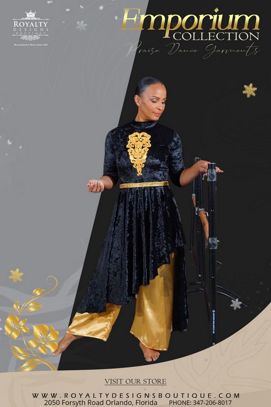 EMPORIUM COLLECTION : Elegant Black velvet Dance Tunic with gold decor.
