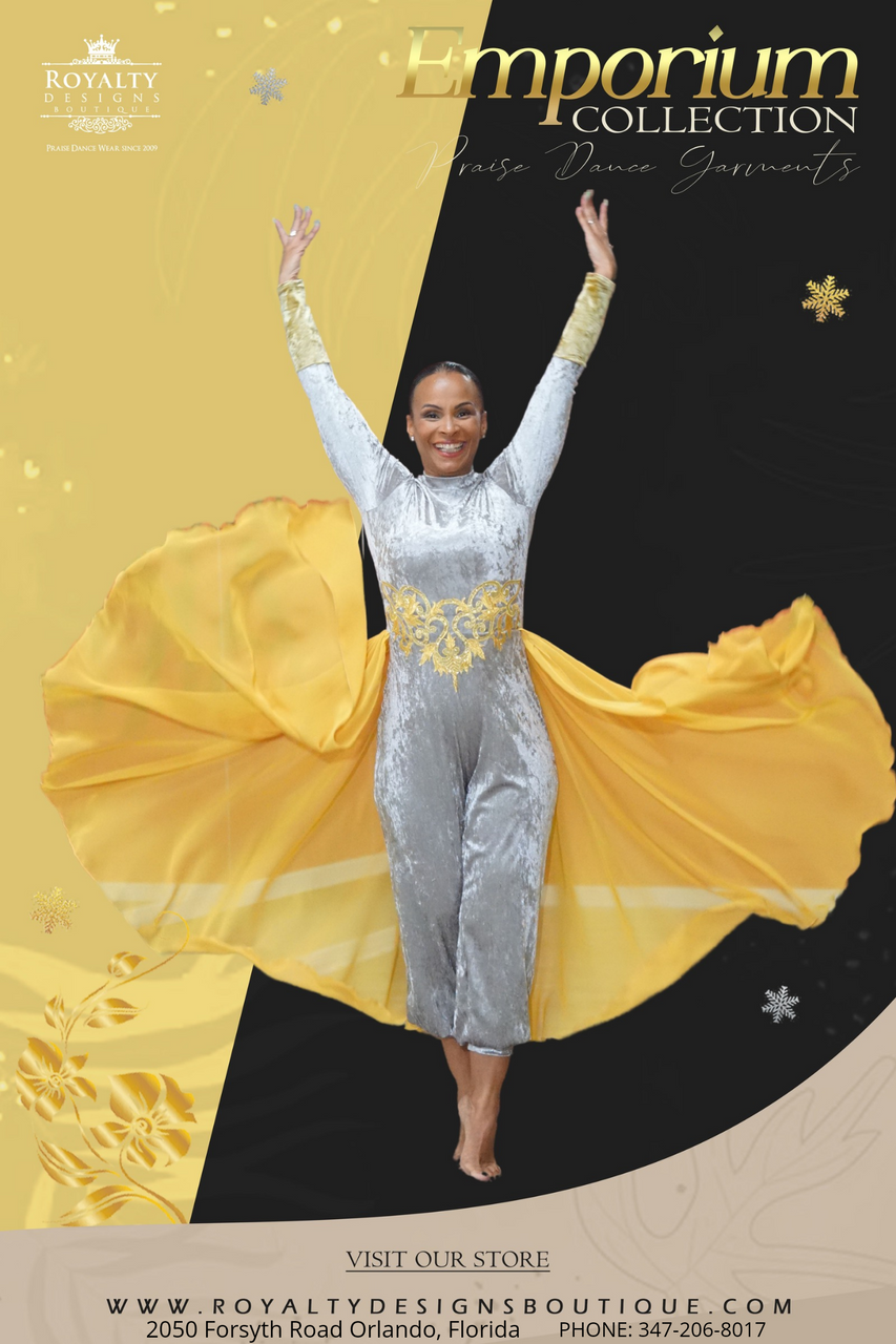 EMPORIUM COLLECTION : Gorgeous Silver light velvet Dance unitard with attached delicate golden chiffon skirt and details on the waste and wrist.