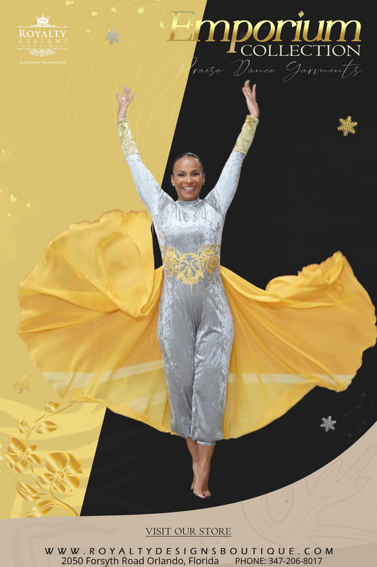 EMPORIUM COLLECTION : Gorgeous Silver light velvet Dance unitard with attached delicate golden chiffon skirt and details on the waste and wrist.