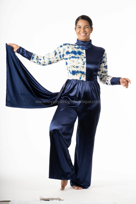 Navy & Tie-Dye Jumpsuit with Attached Worship Streamer