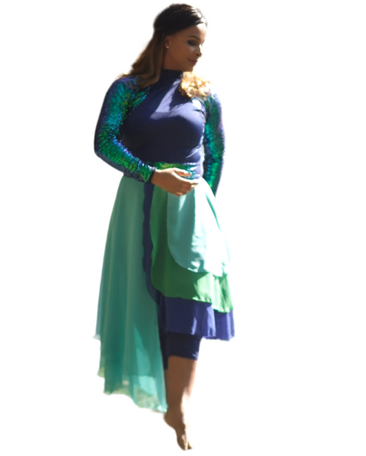 Set (2) Navy Jumpsuit & detached Skirt  in Teal and Green Chiffon : Rivers Collection
