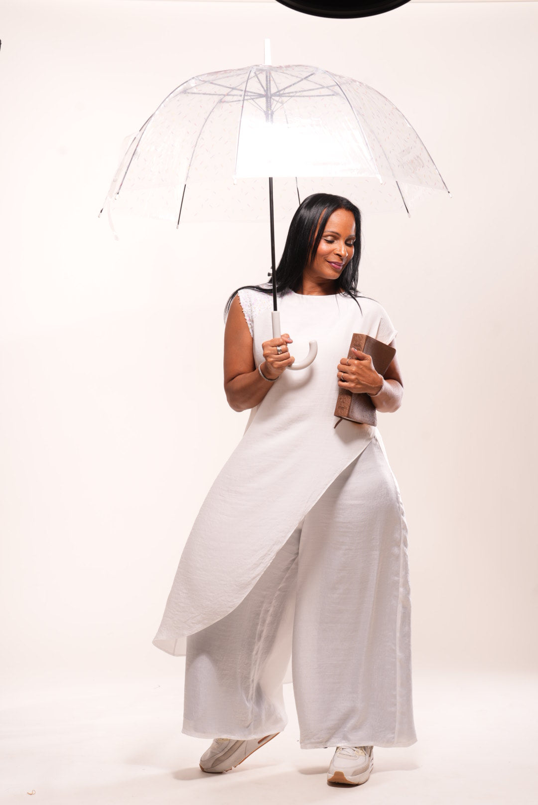 White silk cape with sequin decor on shoulder