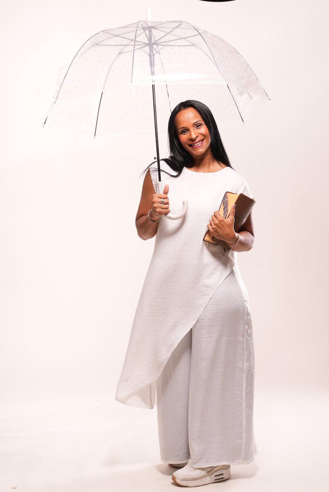 White silk cape with sequin decor on shoulder