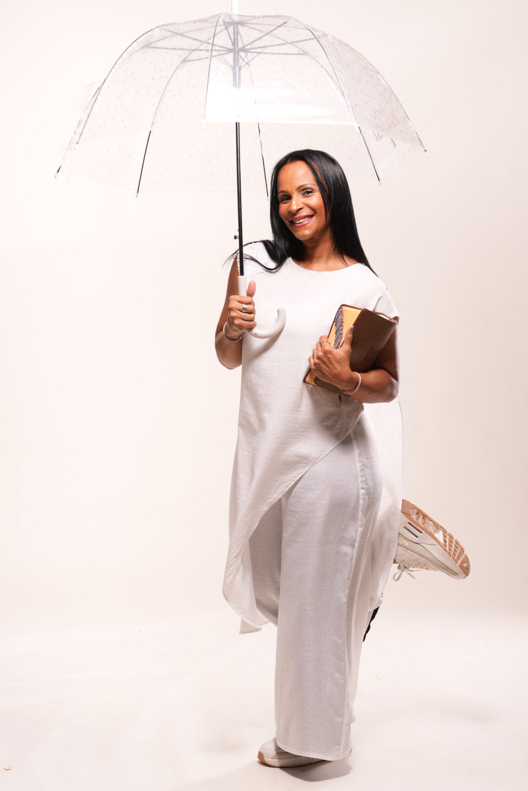 White silk cape with sequin decor on shoulder