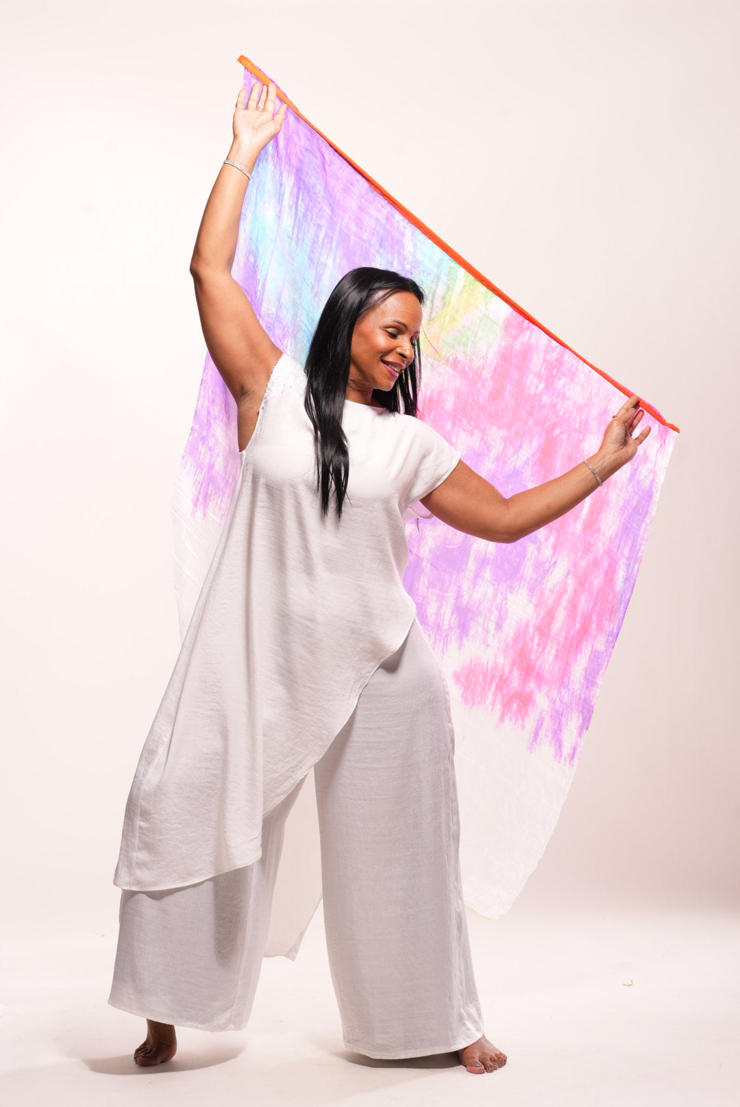 White silk cape with sequin decor on shoulder