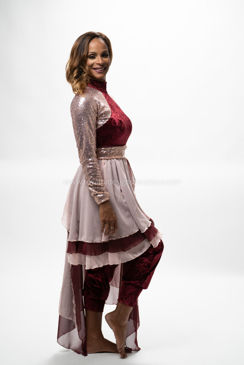 Royal Two-Piece Velvet Jumpsuit & Chiffon Skirt Set Burgundy with Ro Royalty Designs Boutique Royal Two-Piece Velvet Jumpsuit & Chiffon Skirt Set Burgundy with Ro Royalty Designs Boutique