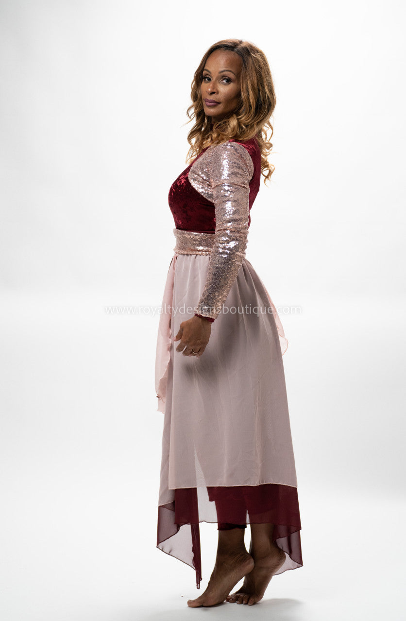 Royal Two-Piece Velvet Jumpsuit & Chiffon Skirt Set Burgundy with Rose Gold Sequin Belt Custom Made / X-Small Royal Two-Piece Velvet Jumpsuit & Chiffon Skirt Set Burgundy with Rose Gold Sequin Belt Custom Made / X-Small