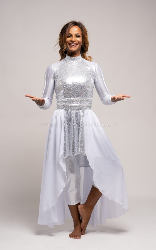 “ Praise Him ” Silver Sequin Tunic with Chiffon Skirt – Multiple Skirt Colors