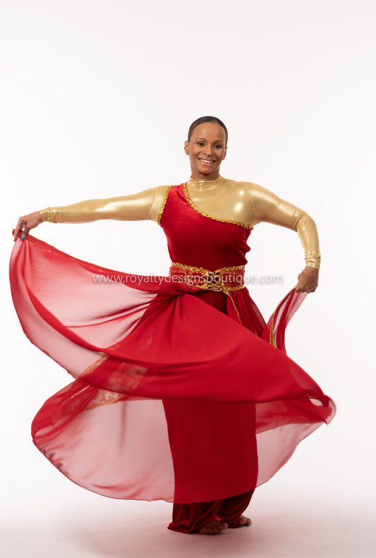 Shulamite Collection – Two-Piece Velvet Jumpsuit & Flowing Chiffon Skirt with Gold Accents