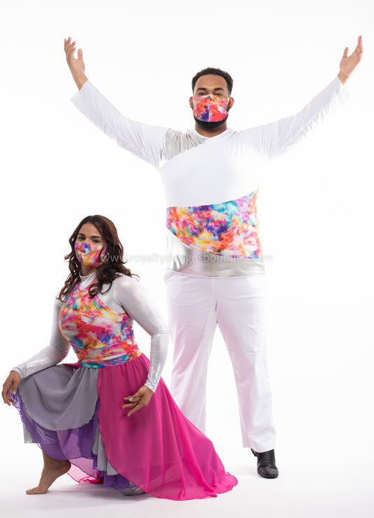 Men’s White Lycra Tunic with Watercolor Panel – Contemporary Praise Wear (Final Sale)