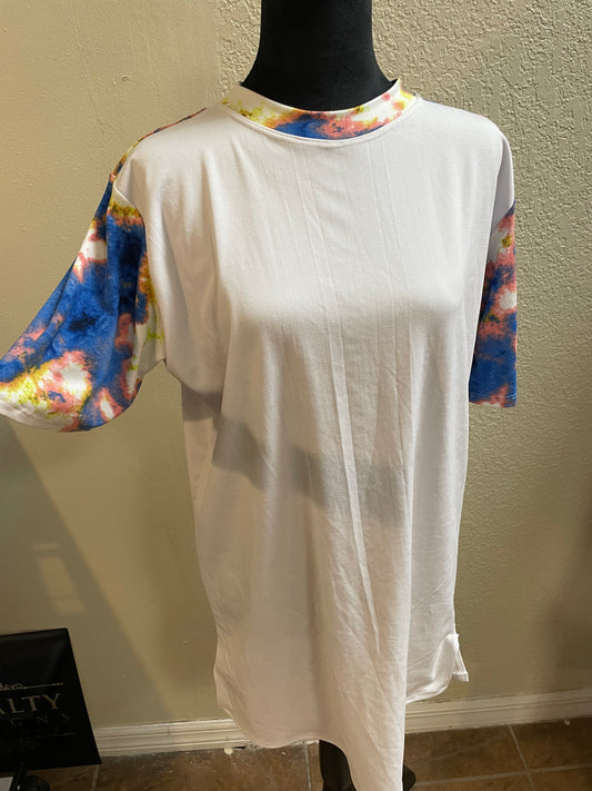 White with Blue Neck and sleeves in Tie Dye Male Tunic