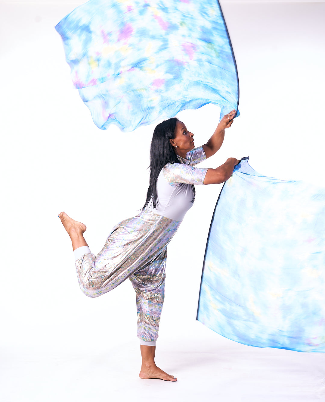 Shimmer of Grace – Iridescent Grey & Green 3/4 Sleeve High Neck Lycra Praise Dance Unitard (Copy)