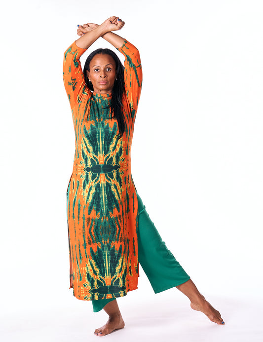 Modern Tunic + Pants Set (2-Piece) – Orange & Green Batik Print | Christian Praise Dancewear | ARISE Collection