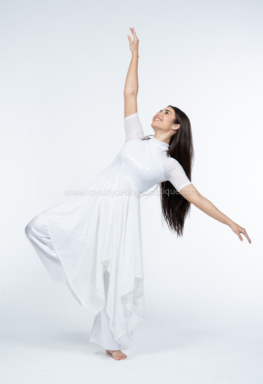 Heavenly Authority Tunic – White Velvet Sequin Top with Double Chiffon Skirt