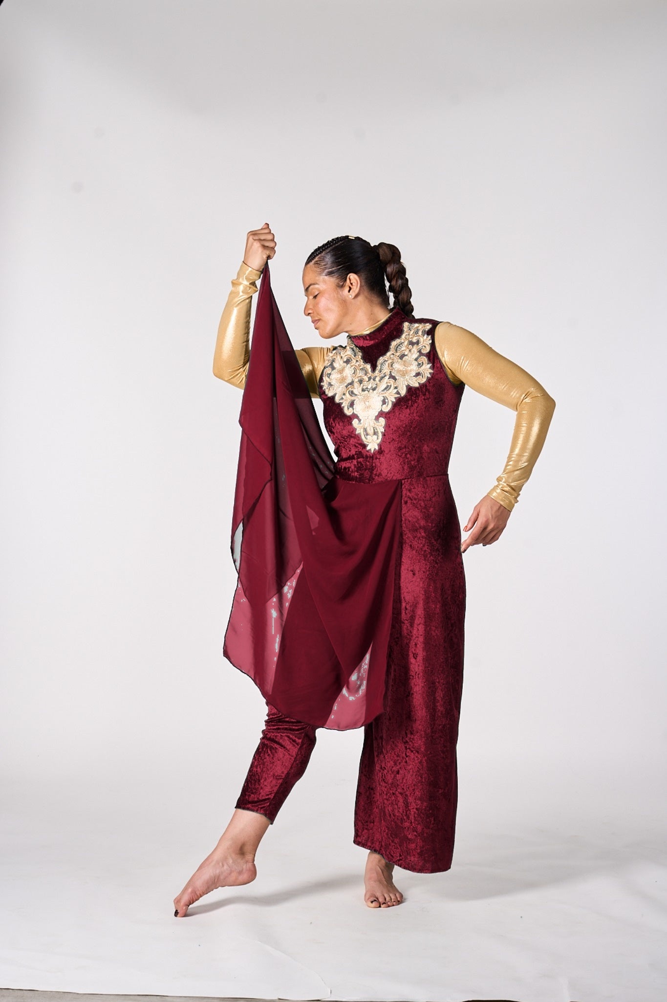 Modern Green Velvet Dance Unitard with chiffon over skirt attached