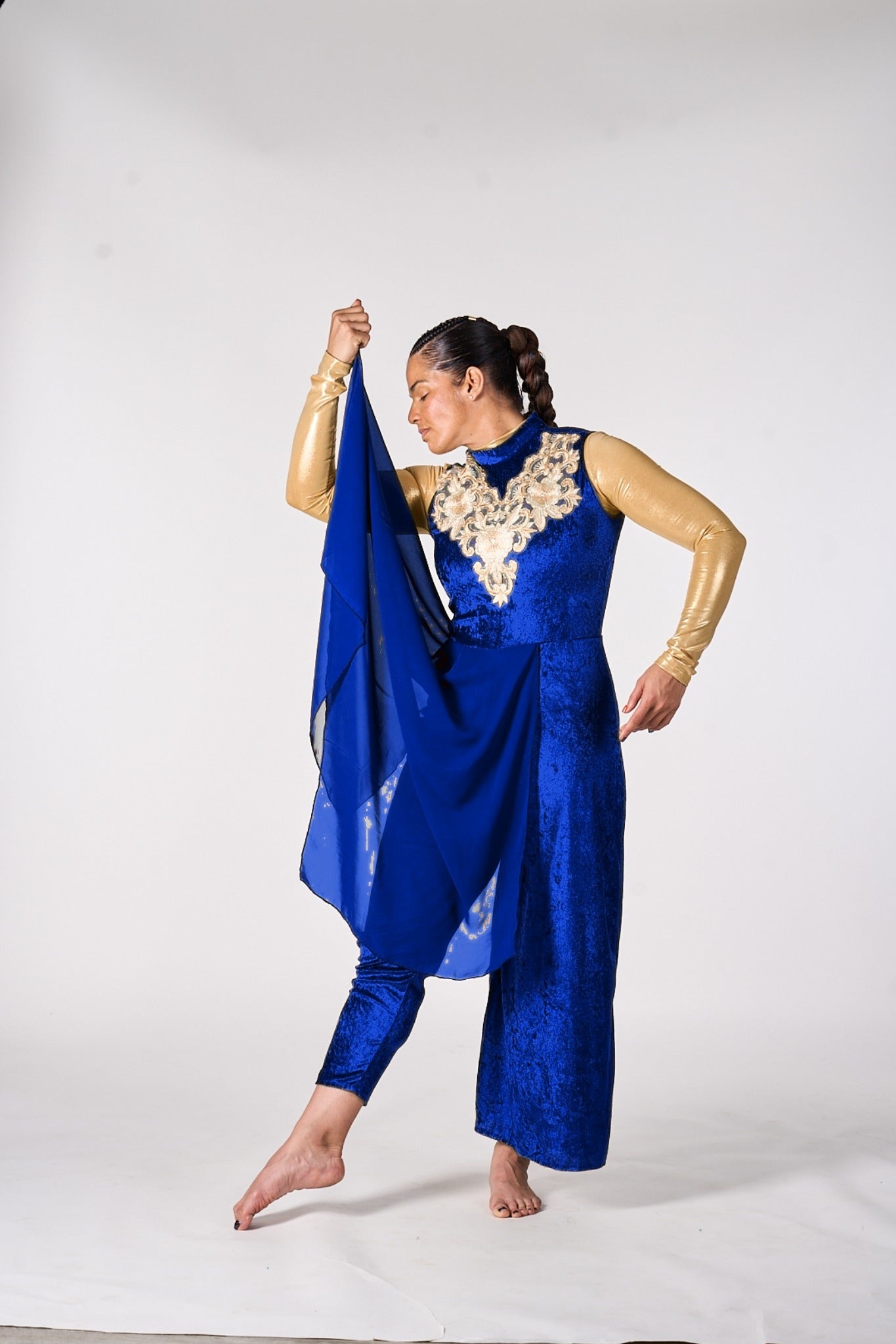 Modern Green Velvet Dance Unitard with chiffon over skirt attached